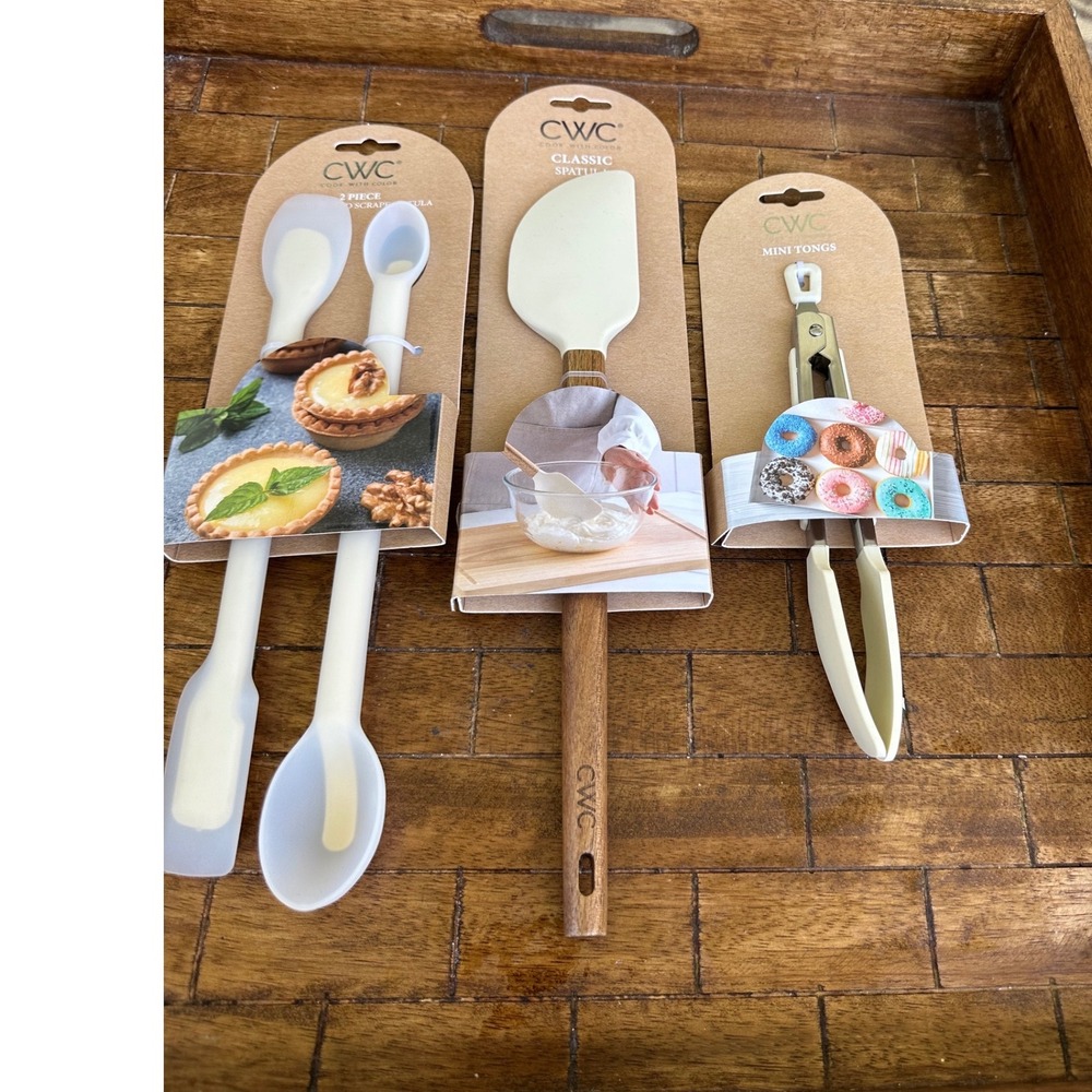 CWC Cook With Color Silicone Kitchen Utensil Set Spatula Mini Tongs Cream 4pcNWT